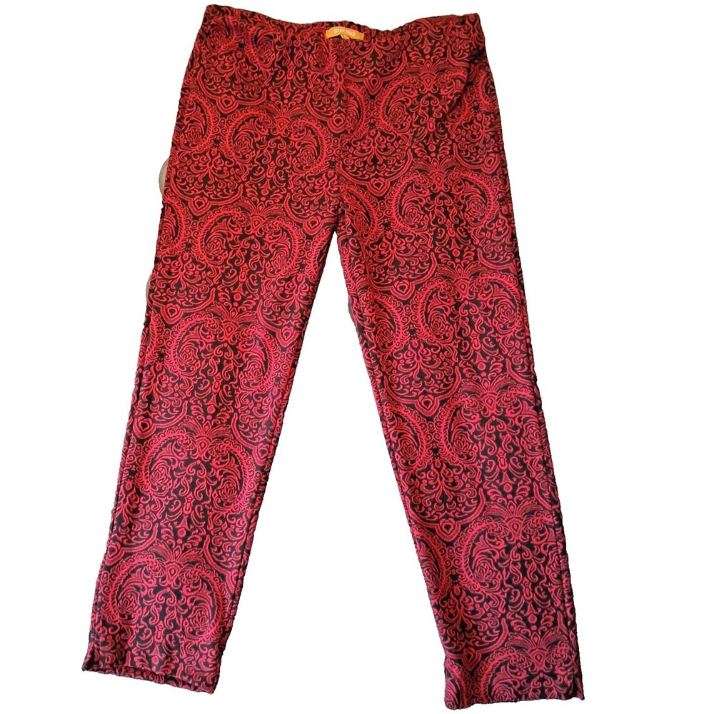 Vintage 90s Ellen Tracy Red Black Floral Brocade Straight Pant Women's Large USA